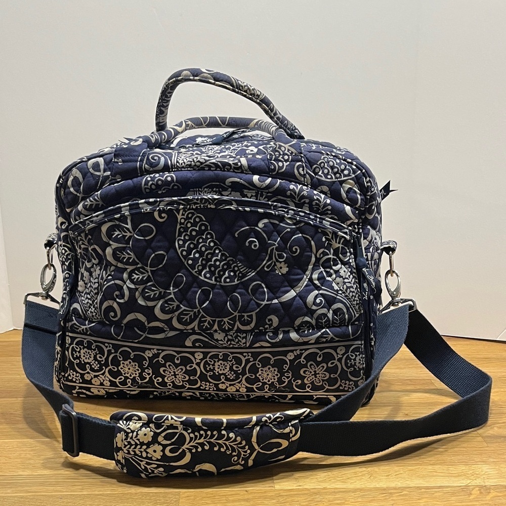 Vera Bradley Blue & Ivory Floral Paisley Print Laptop Commuter Bag Travel Tote